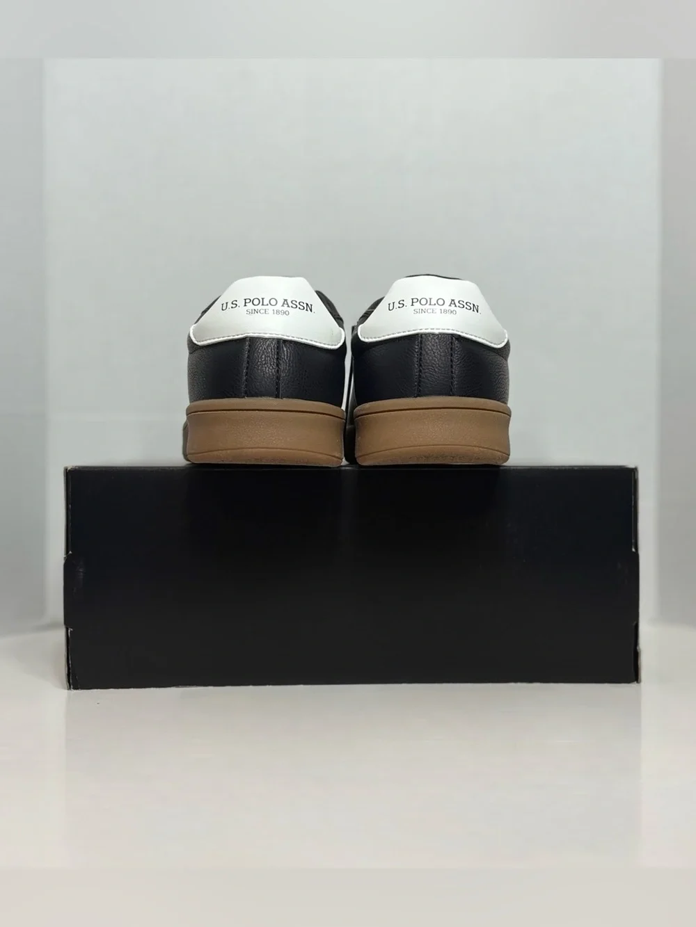 U.S. Polo Assn. Black Leather Sneakers with Brown Sole and White Heel